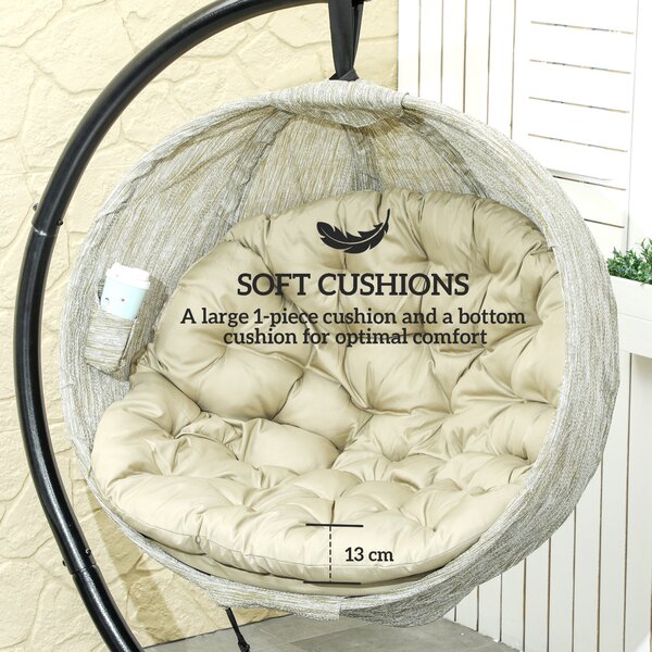 Outsunny Hanging Egg Chair with Folding Basket, Garden Hanging Chair with Stand, Thickened Cushion, Cup Holder for Patio, Balcony, Khaki