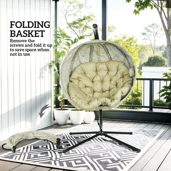Outsunny Hanging Egg Chair with Folding Basket, Garden Hanging Chair with Stand, Thickened Cushion, Cup Holder for Patio, Balcony, Khaki