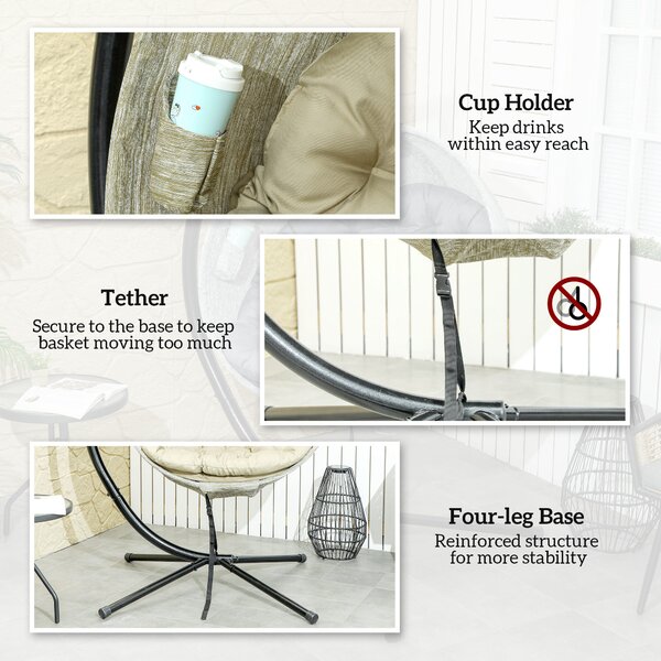 Outsunny Hanging Egg Chair with Folding Basket, Garden Hanging Chair with Stand, Thickened Cushion, Cup Holder for Patio, Balcony, Khaki
