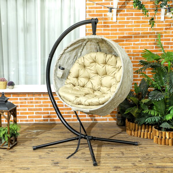 Outsunny Hanging Egg Chair with Folding Basket, Garden Hanging Chair with Stand, Thickened Cushion, Cup Holder for Patio, Balcony, Khaki