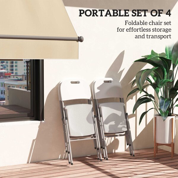 Outsunny Folding Chair Set of 4 with Steel Frame, Outdoor Chair Set with HDPE Backrest, Seat and Handles for Mobility Patio Deck Balcony, White