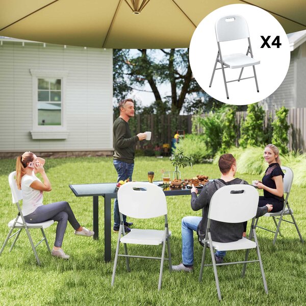 Outsunny Folding Chair Set of 4 with Steel Frame, Outdoor Chair Set with HDPE Backrest, Seat and Handles for Mobility Patio Deck Balcony, White