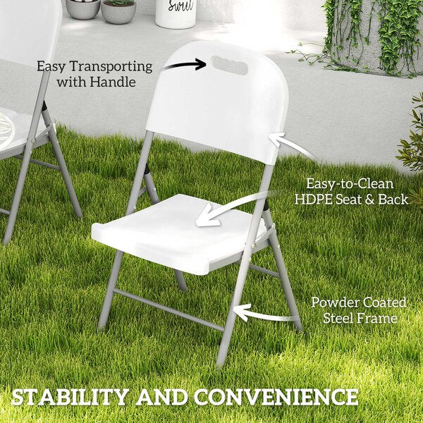 Outsunny Folding Chair Set of 2 with Steel Frame, Outdoor Chair Set with HDPE Backrest, Seat and Handles for Mobility Patio Deck Balcony, White