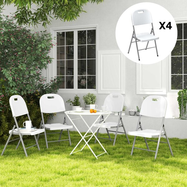 Outsunny Folding Chair Set of 4 with Steel Frame, Outdoor Chair Set with HDPE Backrest, Seat and Handles for Mobility Patio Deck Balcony, White