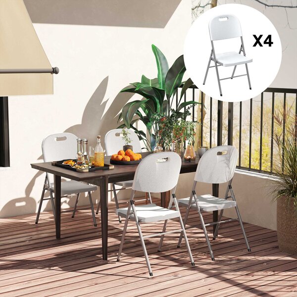 Outsunny Folding Chair Set of 4 with Steel Frame, Outdoor Chair Set with HDPE Backrest, Seat and Handles for Mobility Patio Deck Balcony, White
