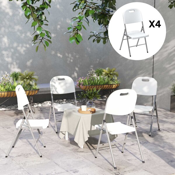 Outsunny Folding Chair Set of 4 with Steel Frame, Outdoor Chair Set with HDPE Backrest, Seat and Handles for Mobility Patio Deck Balcony, White