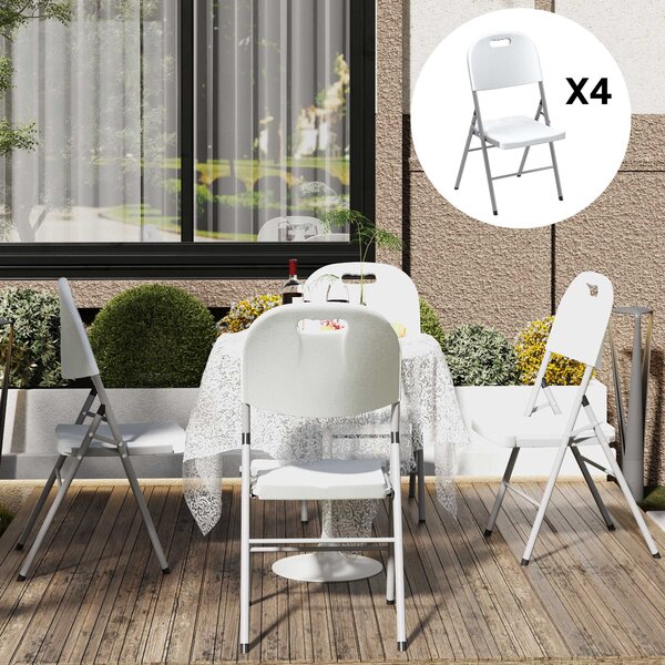 Outsunny Folding Chair Set of 4 with Steel Frame, Outdoor Chair Set with HDPE Backrest, Seat and Handles for Mobility Patio Deck Balcony, White