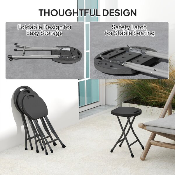 Outsunny Folding Stool Set of 4, Decorative Garden Stool Set with Safety Latch, Steel Legs and Handle for Indoor and Outdoor, Charcoal Grey