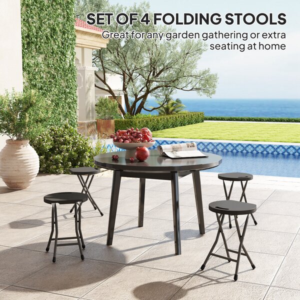 Outsunny Folding Stool Set of 4, Decorative Garden Stool Set with Safety Latch, Steel Legs and Handle for Indoor and Outdoor, Charcoal Grey