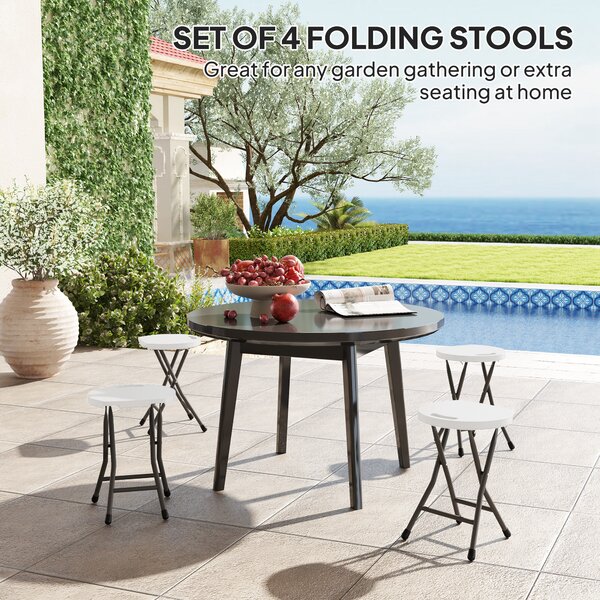 Outsunny Folding Stool Set of 4, Decorative Garden Stool Set with Safety Latch, HDPE Seat and Handle for Indoor and Outdoor, White