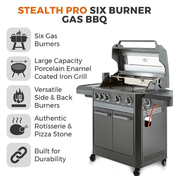 Tower Stealth Pro Six Burner Gas BBQ, Black Steel