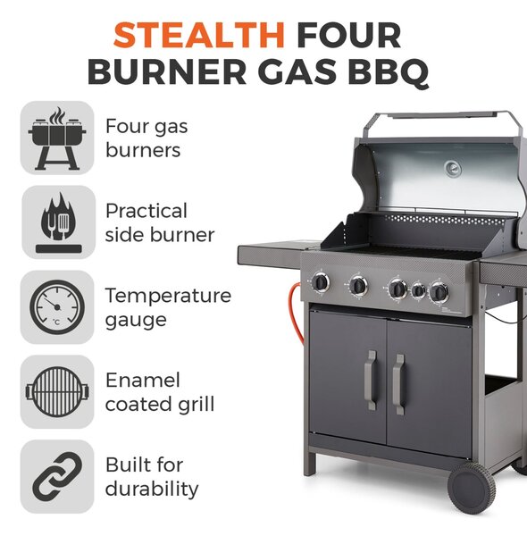 Tower Stealth 4000 Four Burner Gas BBQ, Black Steel