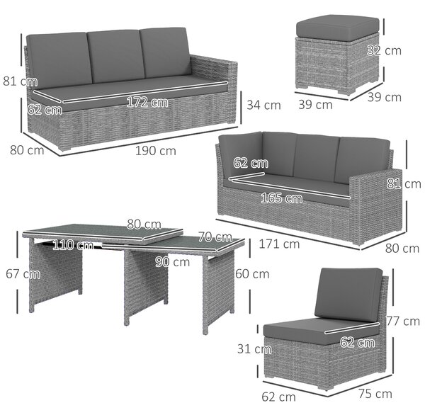 Outsunny Seven-Piece Rattan Garden Sofa Set, with Expanding Table - Light Grey