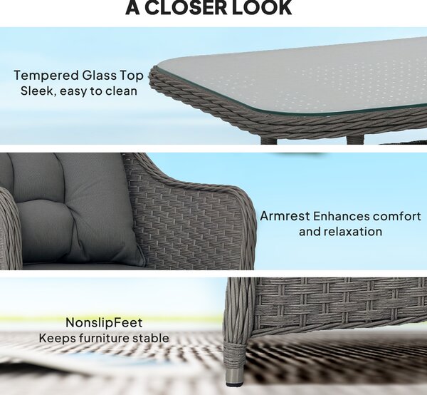 Outsunny Four-Piece Rattan Set, with Glass-Top Table - Light Grey
