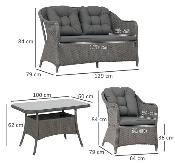 Outsunny Four-Piece Rattan Set, with Glass-Top Table - Light Grey