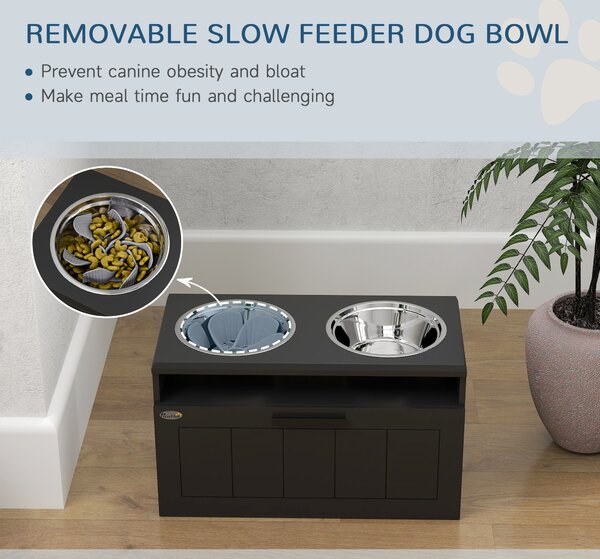 PawHut Raised Dog Bowl with Slow Feeder & 2 Stainless Steel Dog Bowl, 25L Storage Drawer, for Large & Extra Large Dogs, Black