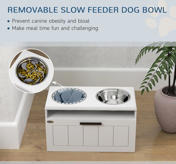 PawHut Raised Dog Bowl with Slow Feeder & 2 Stainless Steel Dog Bowl, 25L Storage Drawer, for Large & Extra Large Dogs, White