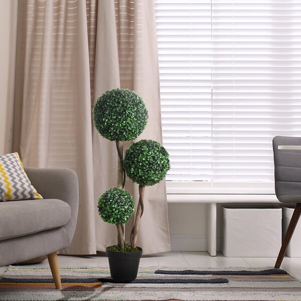 HOMCOM Decorative Artificial Plant Boxwood Ball Topiary Tree in Pot Fake Plant for Home Indoor Outdoor Decor, 90 cm, Dark Green