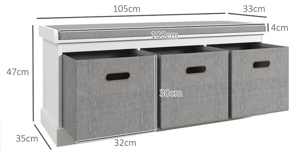HOMCOM Shoe Bench with Seat, Shoe Storage Bench with Cushion and 3 Fabric Drawers for Entryway, Hallway, Living Room, Bedroom, White Aosom UK