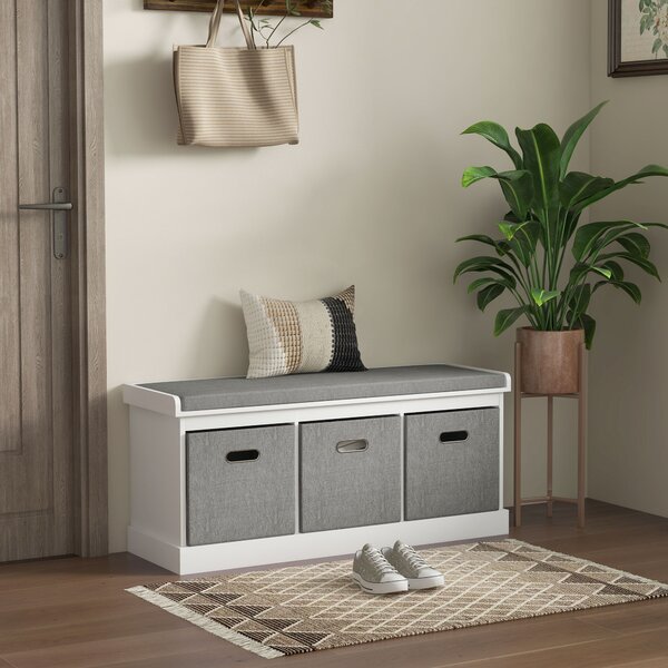 HOMCOM Shoe Bench with Seat, Shoe Storage Bench with Cushion and 3 Fabric Drawers for Entryway, Hallway, Living Room, Bedroom, White Aosom UK