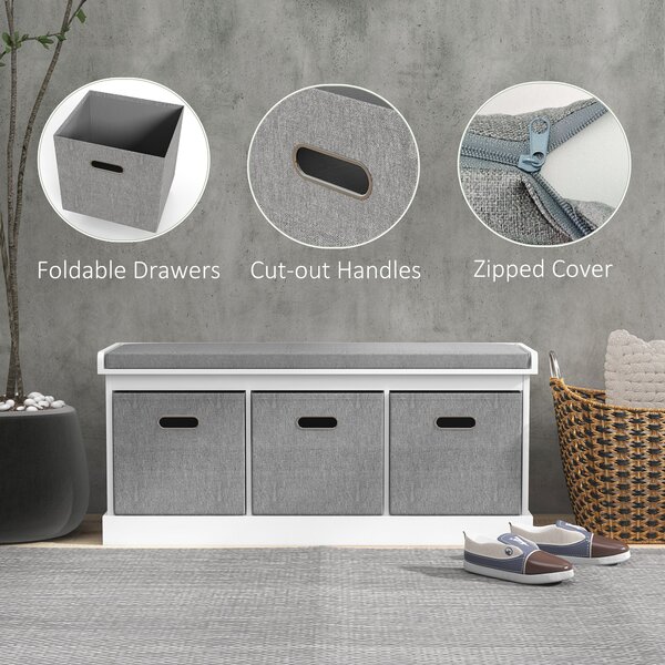HOMCOM Shoe Bench with Seat, Shoe Storage Bench with Cushion and 3 Fabric Drawers for Entryway, Hallway, Living Room, Bedroom, White Aosom UK