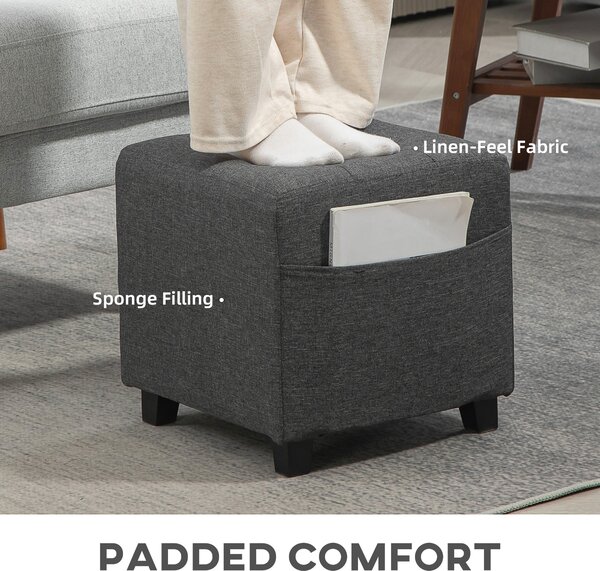 HOMCOM Square Footstool, Linen Fabric Footrest Foot Stool with Rubber Wood Legs and Padded Seat for Living Room, Entryway, 35 x 35 x 35cm, Grey