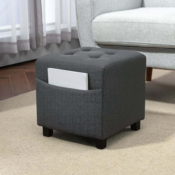 HOMCOM Square Footstool, Linen Fabric Footrest Foot Stool with Rubber Wood Legs and Padded Seat for Living Room, Entryway, 35 x 35 x 35cm, Grey