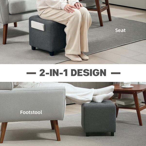 HOMCOM Square Footstool, Linen Fabric Footrest Foot Stool with Rubber Wood Legs and Padded Seat for Living Room, Entryway, 35 x 35 x 35cm, Grey