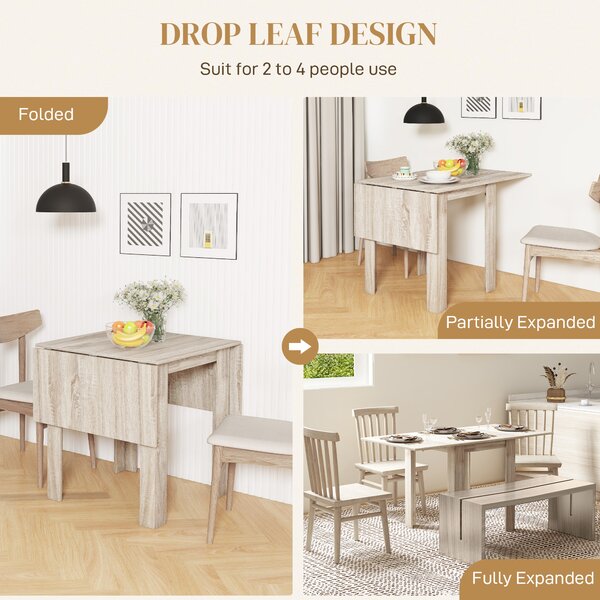 HOMCOM Folding Kitchen Table, Extendable Kitchen Table for Small Space, Drop Leaf Dining Table for 2-4 People, Oak Aosom UK