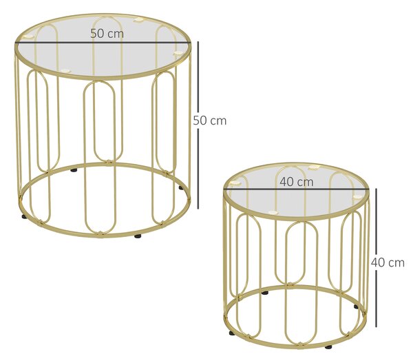 HOMCOM Round Coffee Table Set of 2, Glass Nest of Tables with Metal Frame and Tempered Glass Tabletop, Modern Side Tables for Living Room, Gold Tone