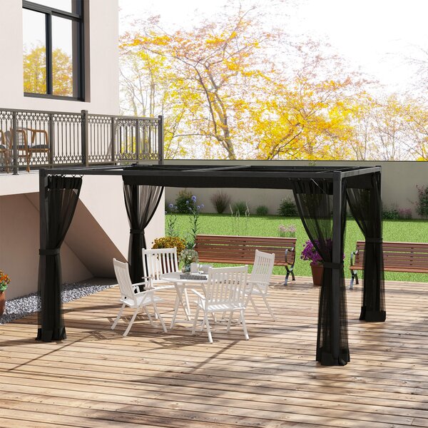 Outsunny 3 x 4m Retractable Pergola, Garden Gazebo Shelter with Nettings, for Grill, Patio, Deck, Dark Grey