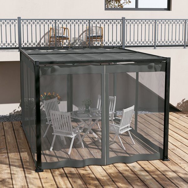 Outsunny 3 x 4m Retractable Pergola, Garden Gazebo Shelter with Nettings, for Grill, Patio, Deck, Dark Grey