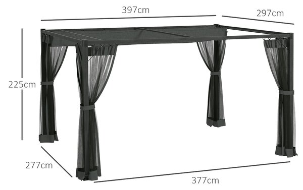 Outsunny 3 x 4m Retractable Pergola, Garden Gazebo Shelter with Nettings, for Grill, Patio, Deck, Dark Grey