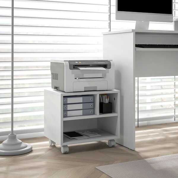 HOMCOM 2-Tier Printer Stand w/ Storage, Under Desk Printer Cart on Wheels w/ 3 Compartments, Desktop Printer Table for Home Office, White Aosom UK