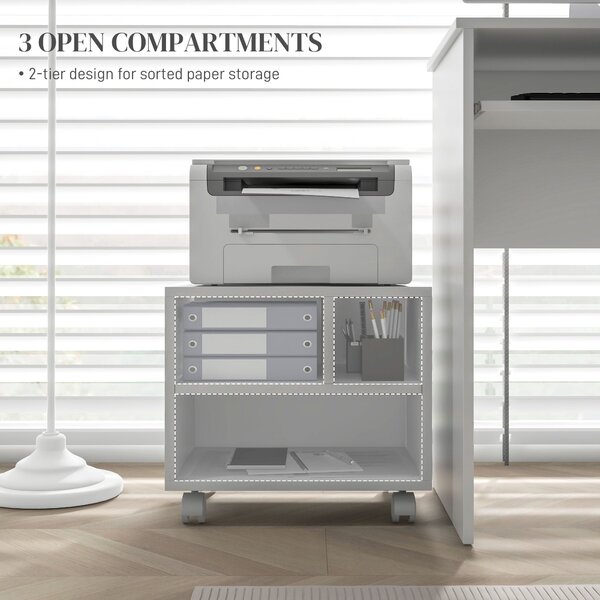 HOMCOM 2-Tier Printer Stand w/ Storage, Under Desk Printer Cart on Wheels w/ 3 Compartments, Desktop Printer Table for Home Office, White Aosom UK