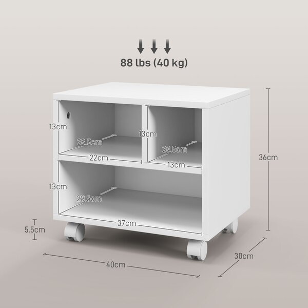 HOMCOM 2-Tier Printer Stand w/ Storage, Under Desk Printer Cart on Wheels w/ 3 Compartments, Desktop Printer Table for Home Office, White Aosom UK