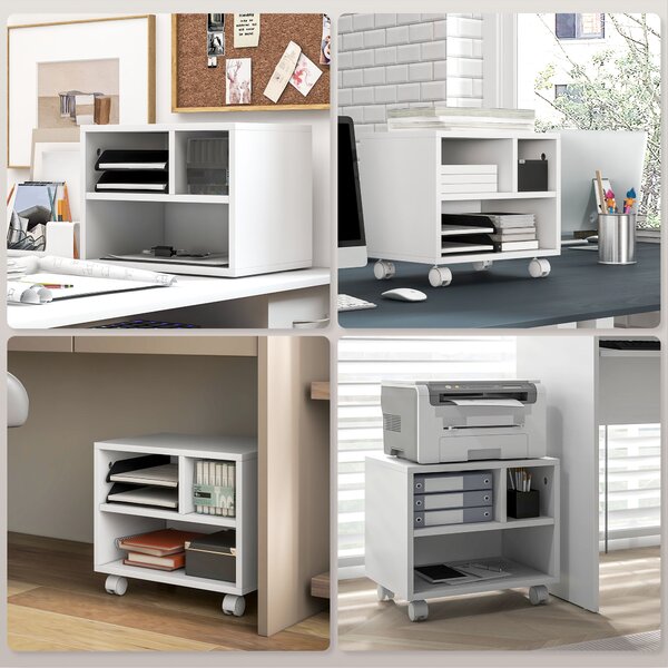 HOMCOM 2-Tier Printer Stand w/ Storage, Under Desk Printer Cart on Wheels w/ 3 Compartments, Desktop Printer Table for Home Office, White Aosom UK