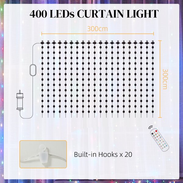 HOMCOM LED Curtain Lights, Colour Changing Wall Lights with Remote, Dynamic DIY Hanging Window String Lights for Bedroom Living Room Decor, 3x3m