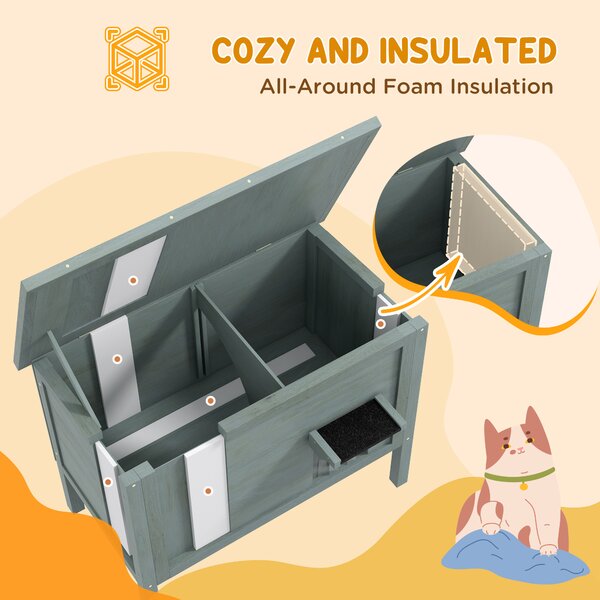 PawHut Outdoor Cat House, Wooden Insulated with Removable Floor, Waterproof & Openable Roof, Charcoal Grey Aosom UK