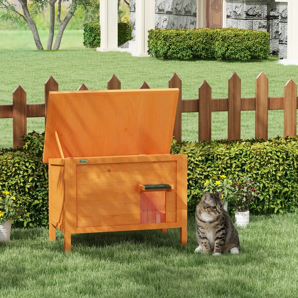 PawHut Feral Cat House, Wooden Insulated with Removable Floor, Water-Resistant Openable Roof - Orange Aosom UK