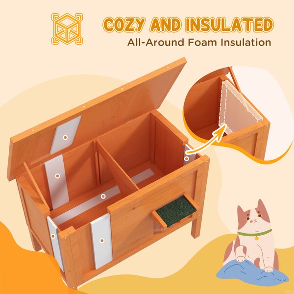 PawHut Feral Cat House, Wooden Insulated with Removable Floor, Water-Resistant Openable Roof - Orange Aosom UK