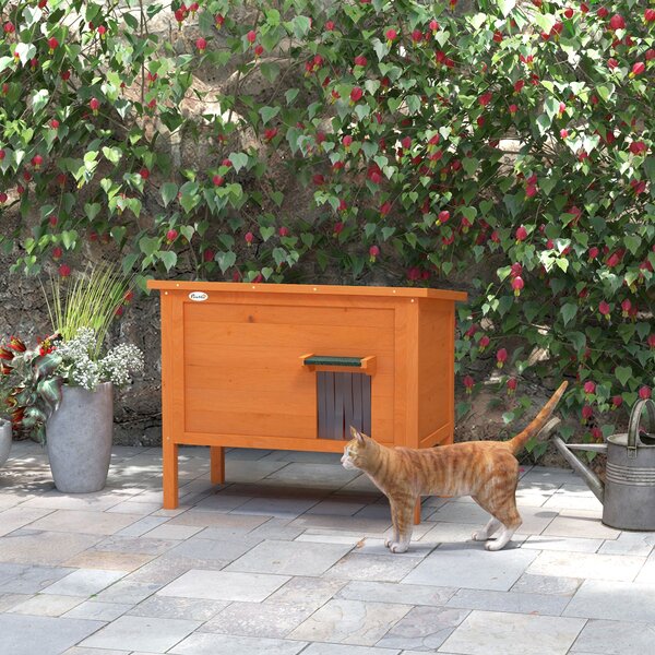 PawHut Feral Cat House, Wooden Insulated with Removable Floor, Water-Resistant Openable Roof - Orange Aosom UK