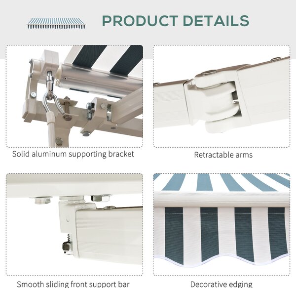 Outsunny 2.5m x 2m Garden Patio Manual Awning Canopy Sun Shade Shelter Retractable with Winding Handle Green White