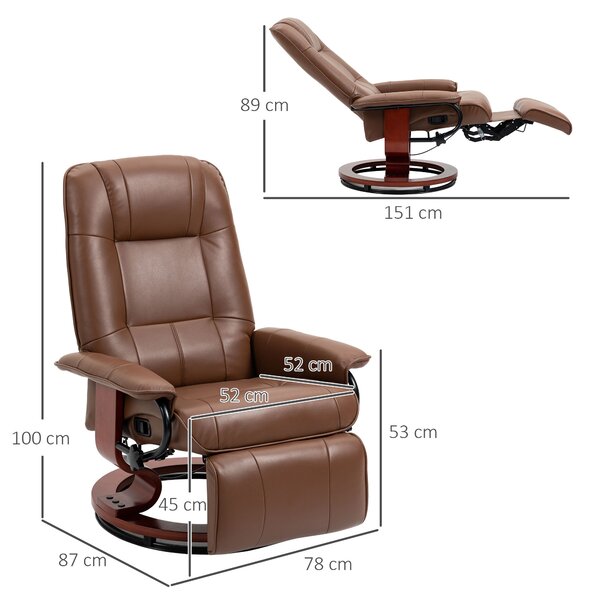 HOMCOM Swivel Recliner, Faux Leather Chair, Upholstered Armchair with Wooden Base for Living Room, Bedroom, Brown Aosom UK