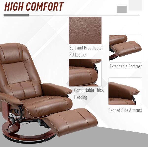 HOMCOM Swivel Recliner, Faux Leather Chair, Upholstered Armchair with Wooden Base for Living Room, Bedroom, Brown Aosom UK