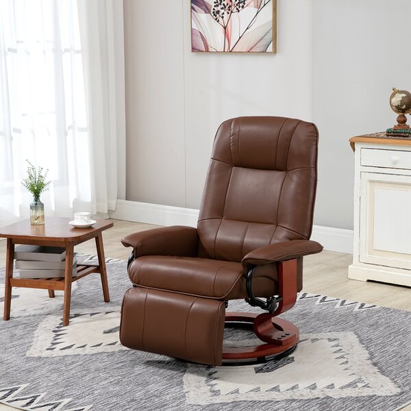 HOMCOM Swivel Recliner, Faux Leather Chair, Upholstered Armchair with Wooden Base for Living Room, Bedroom, Brown Aosom UK
