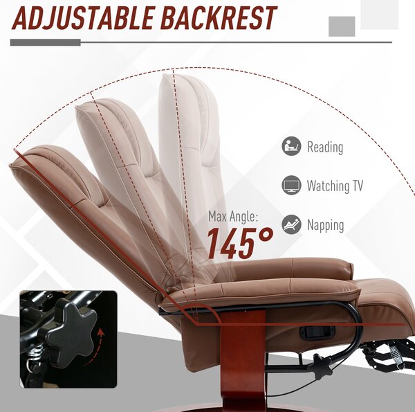 HOMCOM Swivel Recliner, Faux Leather Chair, Upholstered Armchair with Wooden Base for Living Room, Bedroom, Brown Aosom UK