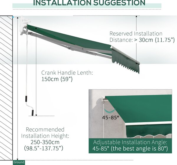 Outsunny Awnings for Patio Awning Canopy Shelter Garden Sun Shade UV Blocker Light Weight Aluminium Frame w/ Hand Crank 3 x 2m Green