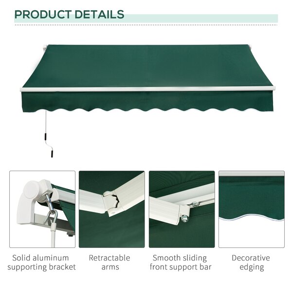Outsunny Awnings for Patio Awning Canopy Shelter Garden Sun Shade UV Blocker Light Weight Aluminium Frame w/ Hand Crank 3 x 2m Green