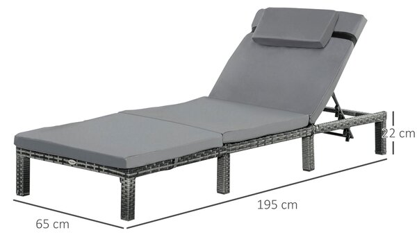 Outsunny Garden Outdoor Rattan Furniture Patio Sun Lounger Recliner Reclining Chair Bed Fire Resistant Sponge, Grey